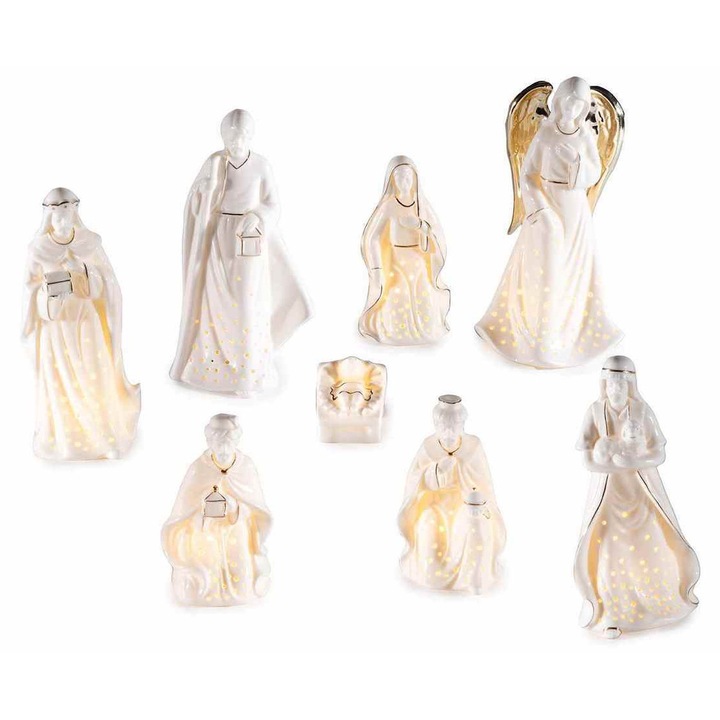 Set 8 figurine Nasterea Domnului portelan alb auriu leduri 10.5x8.5x20.5 cm