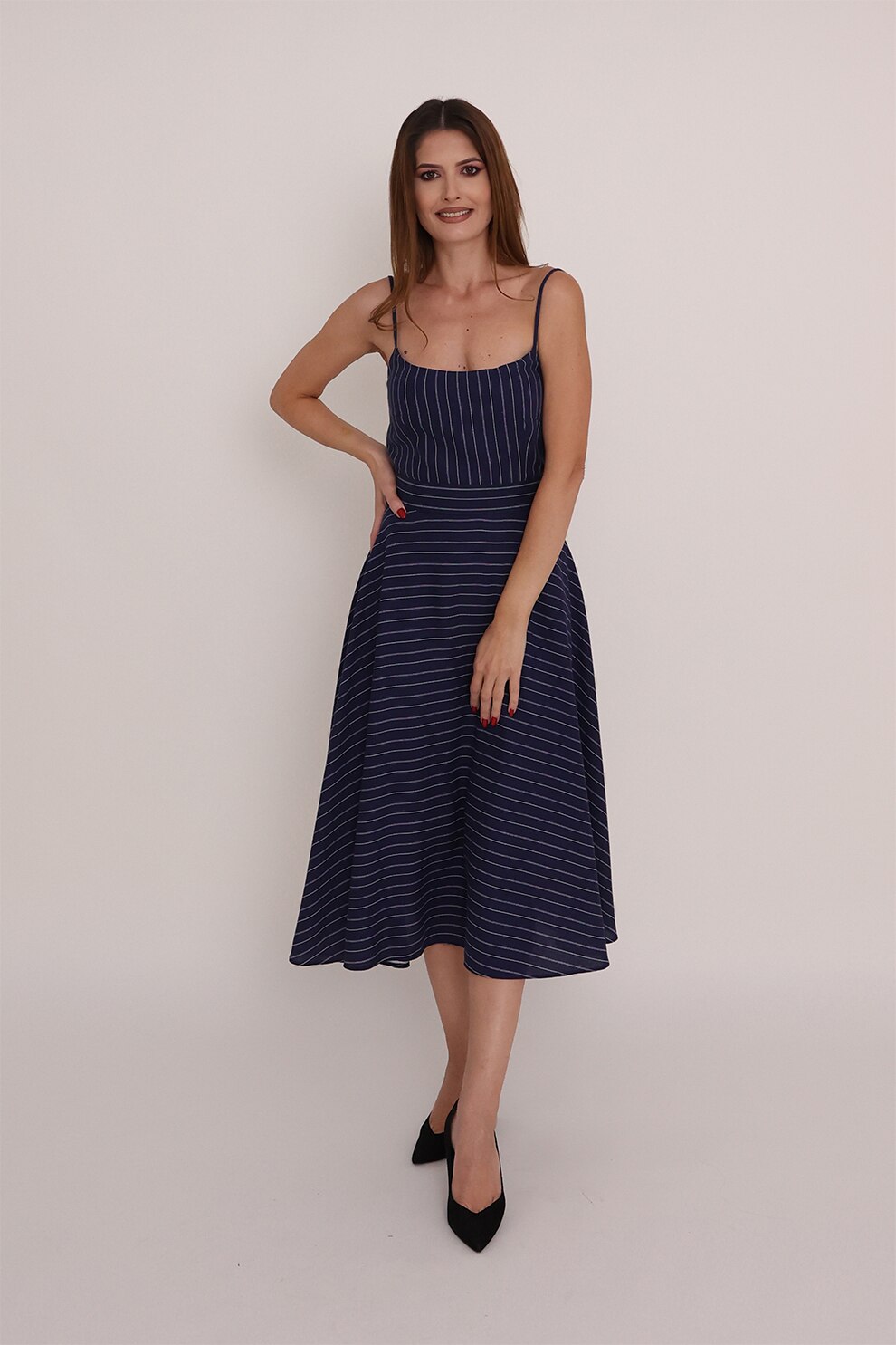 Ilona Andreoiu, Rochie din amestec de in cu model in dungi Olympia, Bleumarin, 36