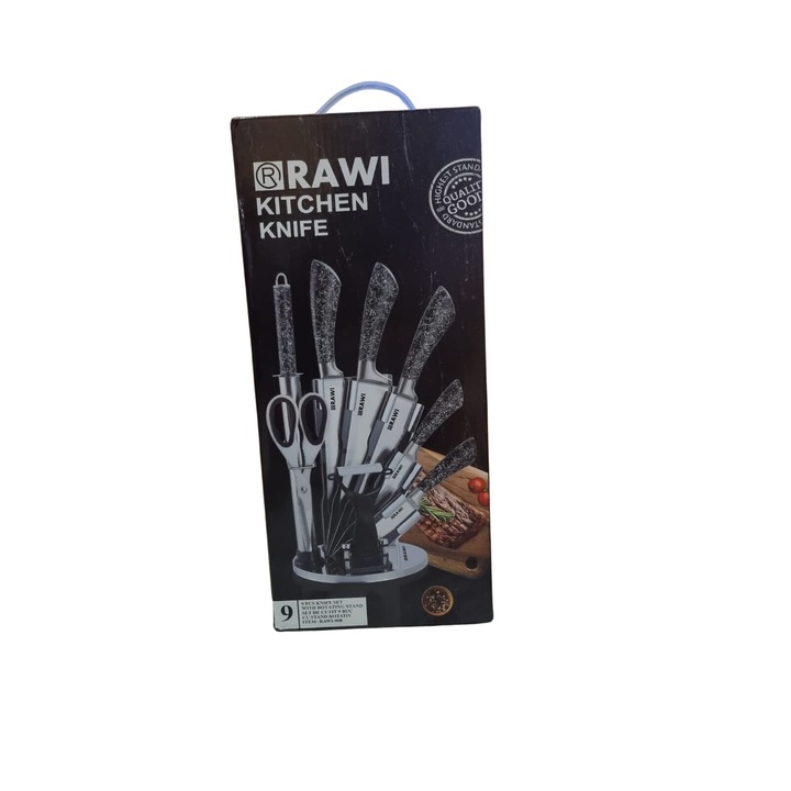 Set cutite de bucatarie, Rawi, 9 piese, Decojitor fructe/legume, negru