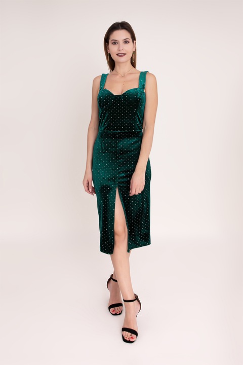 Ilona Andreoiu, Rochie cu aspect de catifea si slit frontal Jade, Verde inchis
