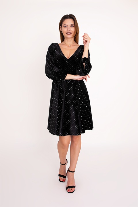 Ilona Andreoiu, Rochie evazata din catifea cu strasuri Noir, Negru