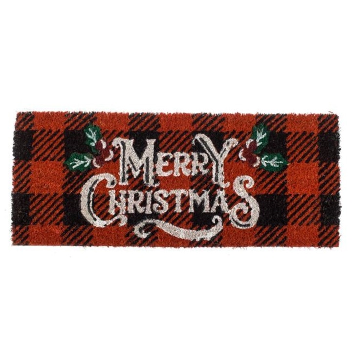 Karácsonyi ajtószőnyeg vagy lépcső szőnyeg, VENITIVO® 60x25 cm, fekete-piros kockás, Merry Christmas, kókuszrost, csúszásgátló PVC alap