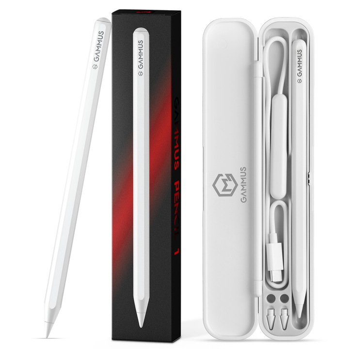Stylus Pen за iPad, GAMMUS® Pencil 1, Смарт писалка за таблет Apple iPad 2018–2025, Професионален iPad стилус, Безжично магнитно зареждане, Отхвърляне на дланта (Palm Rejection), Наклон, Без закъснение, Батериен дисплей, Капацитивна, Калъф, Бял