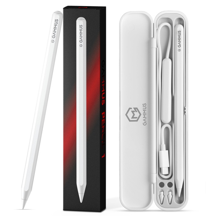 Stylus Pen iPad, GAMMUS® Pencil 1, iPad ceruza, Professzionális érintőtoll és tablet toll Apple iPad 2018–2025-hoz, Kapacitív, Vezeték nélküli mágneses töltés, Akku kijelző, Palm Rejection, Dőlésérzékelés, Nagy pontosság, Késés nélkül, Karcálló tollhegy