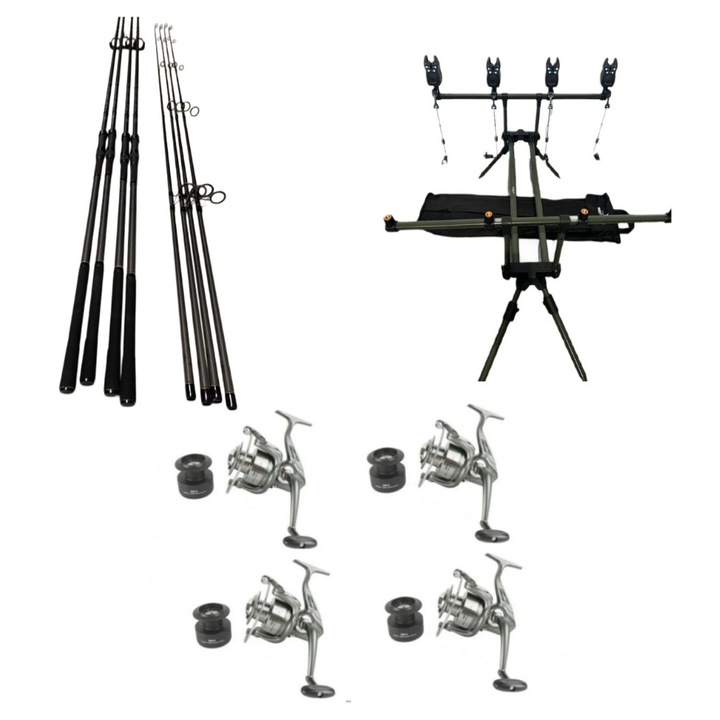 Set Pescuit Complet, 4 Lansete 3, 90 din 2 segm, 4 Mulinete 8000, Rod Pod, Senzori