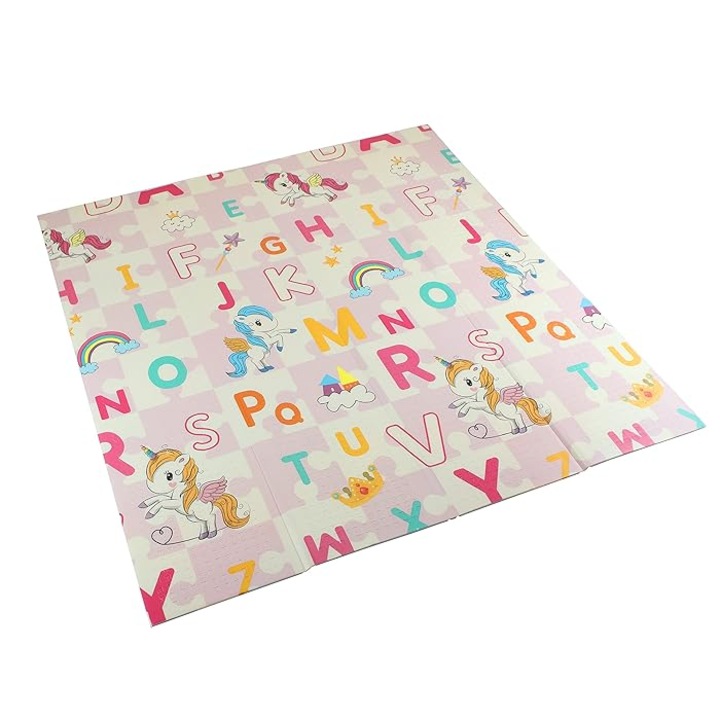 Covor Joaca Copii termic pliabil 200x180x1.0 cm, educational din spuma XPE, 2 fete unicorn/trenulet cu geanta depozitare