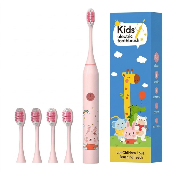 Periuta de dinti electrica, pentru copii, cu sase capete de perie, reincarcabila, roz