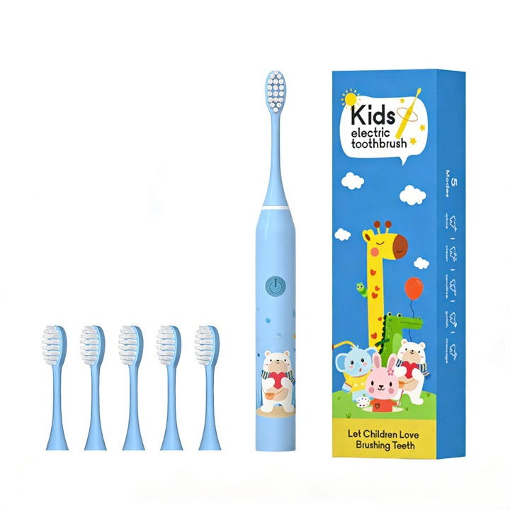 Periuta de dinti electrica, pentru copii, cu sase capete de perie, reincarcabila, albastra