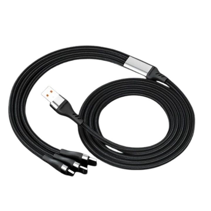 Cablu de date 3 in 1, Super Fast Charge 100W, USB, Type-C, Lightning, Micro-USB, albastru, 1m