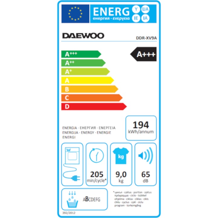 Uscator de rufe Daewoo DDR-XV9A, Pompa de caldura, 9 kg, Display LED, Clasa A+++