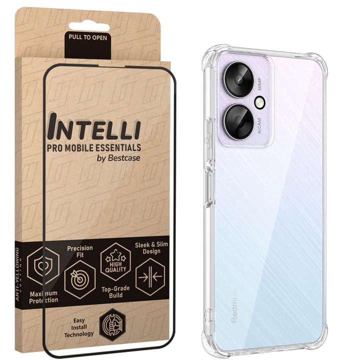 Intelli® Комплект калъф и фолио Full Face за Xiaomi Redmi 13C / Poco C65, Anti Shock 1.5мм, 360 защита гръб + екран, подсилени ъгли, прозрачен