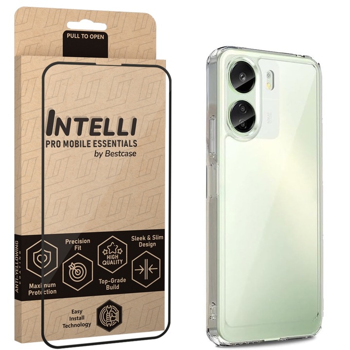 Intelli® Комплект калъф и фолио Full Face за Xiaomi Redmi 13C / Poco C65, Прозрачен силикон 2MM, Противоударен, 360 градусова защита гръб + екран, Прозрачен