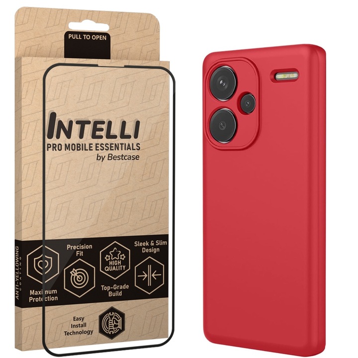 Intelli® Комплект Калъф и Фолио Full Face за Xiaomi Redmi Note 13 Pro Plus, Slim Premium Течен Силикон, Противоударен, 360 Защита гръб + екран, Червен