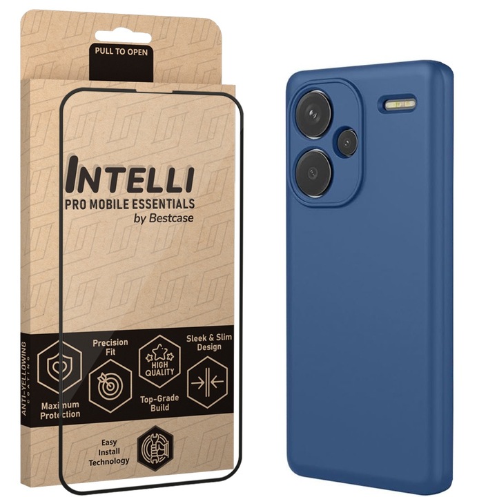Intelli® Комплект калъф и фолио Full Face за Xiaomi Redmi Note 13 Pro Plus, тънък премиум течен силикон, противоударен, 360 защита на гърба + екран, син
