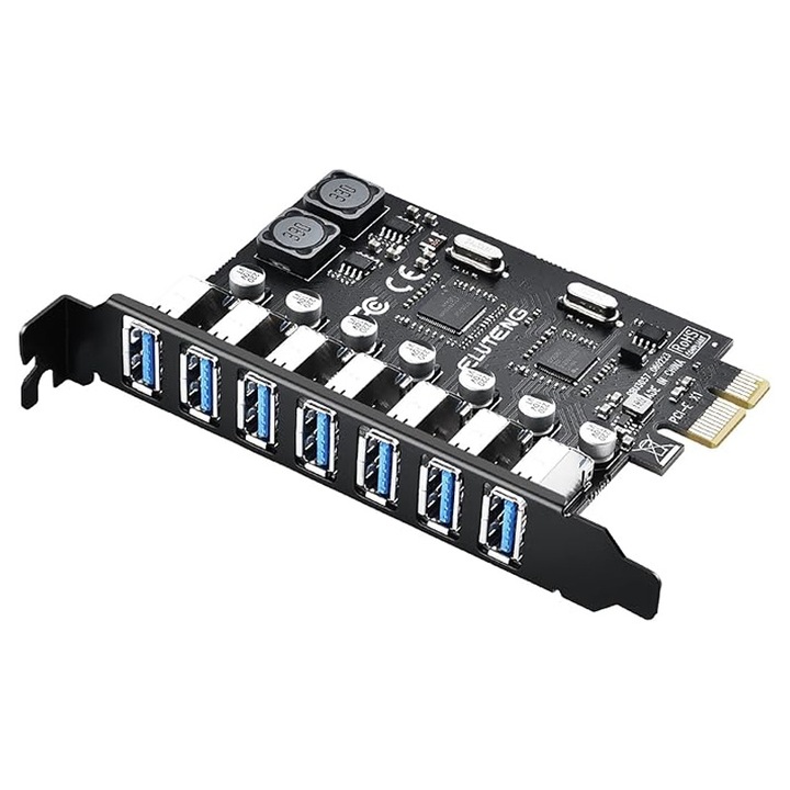 PCIe USB 3.0 карта със 7 порта, Rqiurpn, скорост на трансфер 5Gbps, стабилно захранване, съвместима с Windows 11/10/8/7/XP, черна