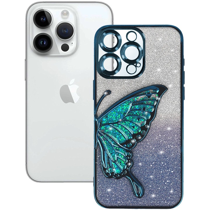 Husa pentru Apple iPhone 13 Pro Max, Butterfly Glamour, Protectie lentile camere, Sclipici curgator, Model fluture detasabil, Accente electroplacate, Margini cu efect metalizat, Antisoc, Poliuretan, Albastru