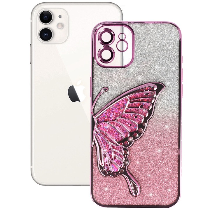 Husa pentru Apple iPhone 11, Butterfly Glamour, Protectie lentile camere, Sclipici curgator, Model fluture detasabil, Accente electroplacate, Margini cu efect metalizat, Antisoc, Poliuretan, Roz