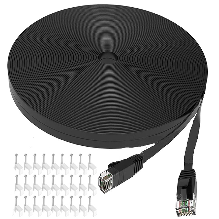 Ethernet кабел Cat 6, Rqiurpn, 20m, 10Gbps, черен, с 27 щипки