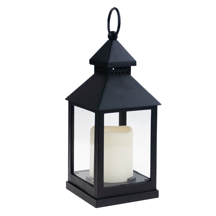 Felinar LED Decorativ Negru Elegant, Lampion Portabil pentru Interior si Exterior, 10x25cm, Lumina Calda Ambientala, Efect Realist de Flacara, Ideal pentru Gradina, Terasa, Balcon, Sufragerie, Functioneaza cu Baterii AAA, Creeaza o Atmosfer