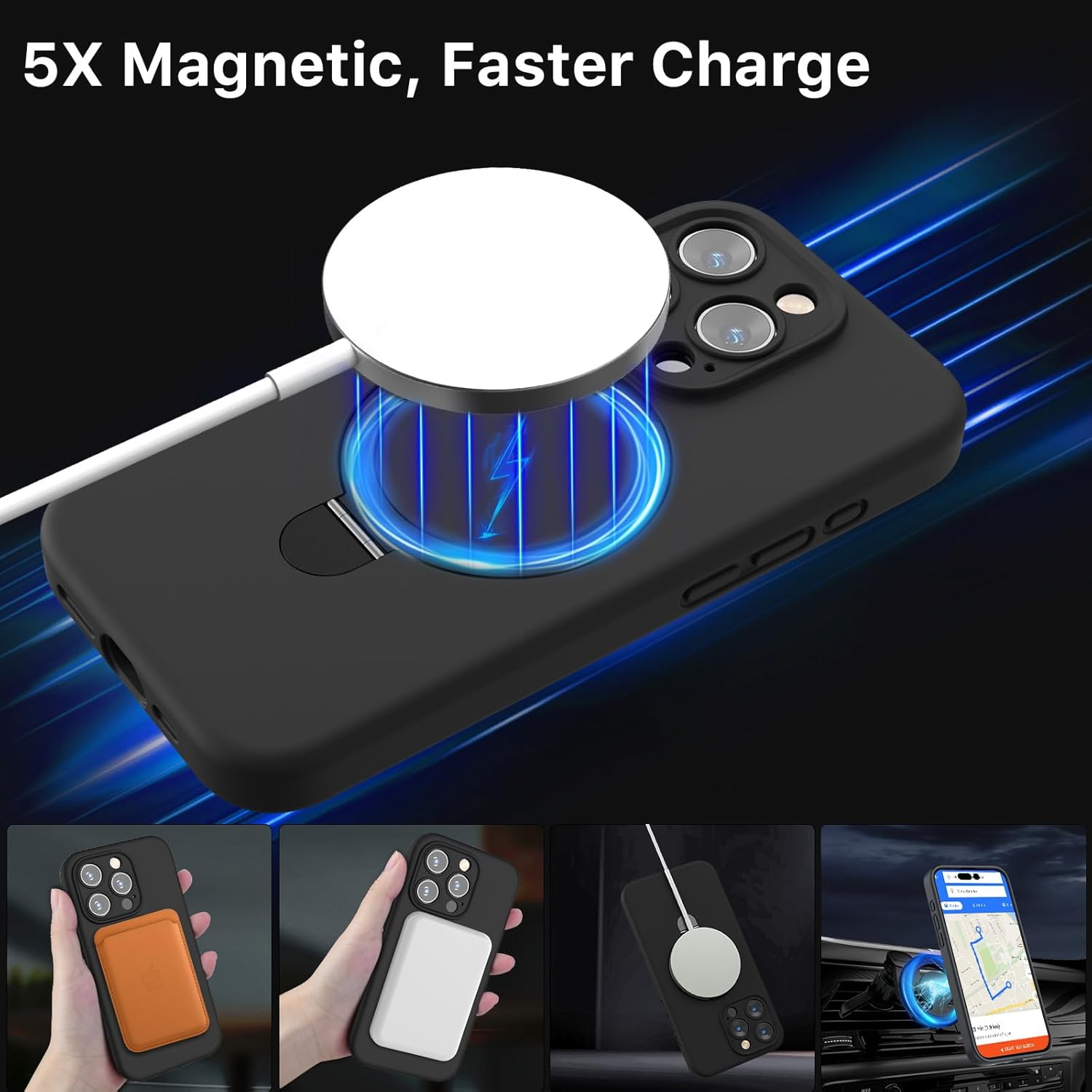 Husa piele pentru iphone 16 pro, MingZhi®, Silicon Leather Case, interior microfibra, Compatibil cu husa cu suport cu inel magnetic MagSafe cu protectie completa pentru camera, neagra
