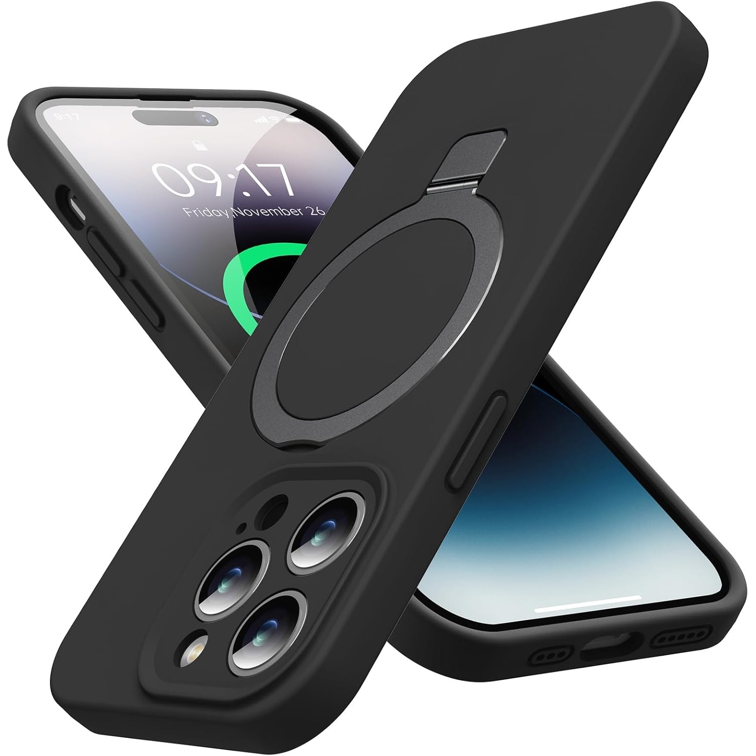 Husa piele pentru iphone 16 pro, MingZhi®, Silicon Leather Case, interior microfibra, Compatibil cu husa cu suport cu inel magnetic MagSafe cu protectie completa pentru camera, neagra