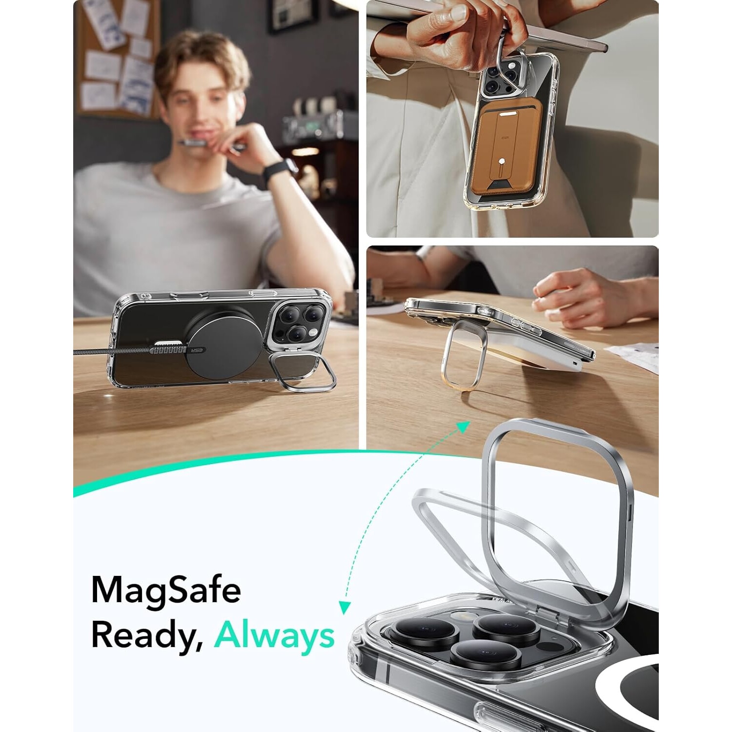 Husa pentru Iphone 16 Pro Max, MingZhi®, Cu suport metalic compatibila Magsafe, Accelereaza incarcarea rapida fara fir, Anticadere, Transparenta