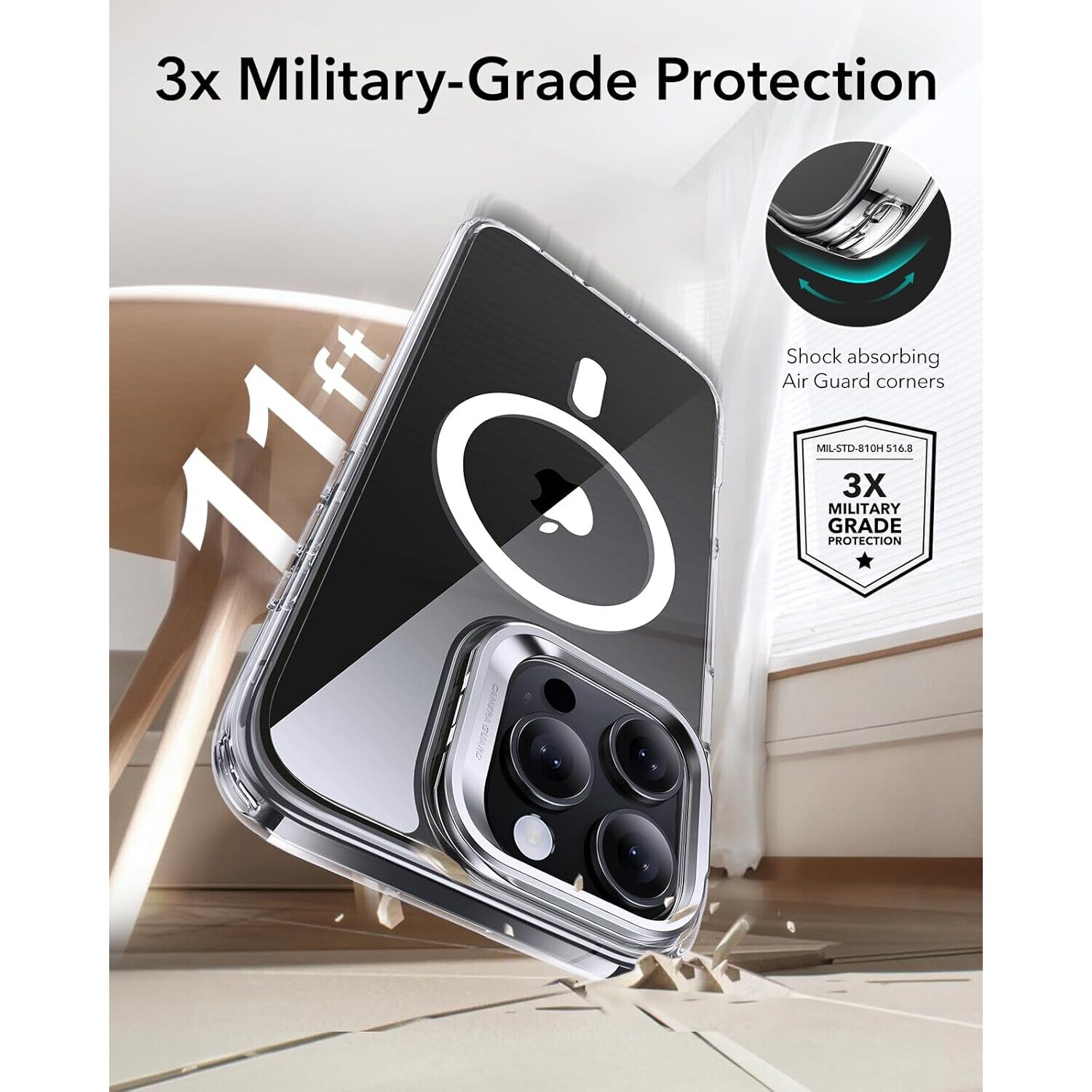 Husa pentru Iphone 16 Pro Max, MingZhi®, Cu suport metalic compatibila Magsafe, Accelereaza incarcarea rapida fara fir, Anticadere, Transparenta