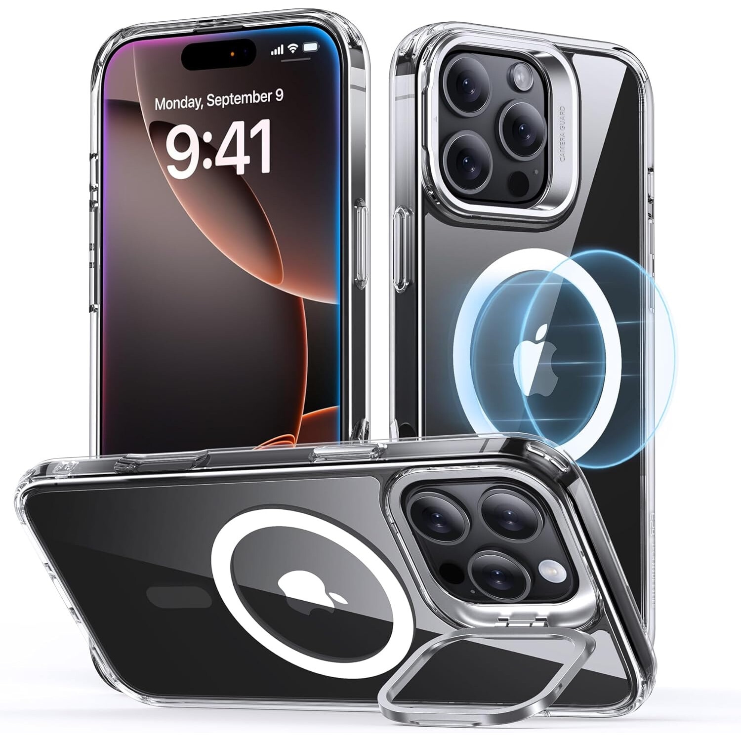 Husa pentru Iphone 16 Pro Max, MingZhi®, Cu suport metalic compatibila Magsafe, Accelereaza incarcarea rapida fara fir, Anticadere, Transparenta