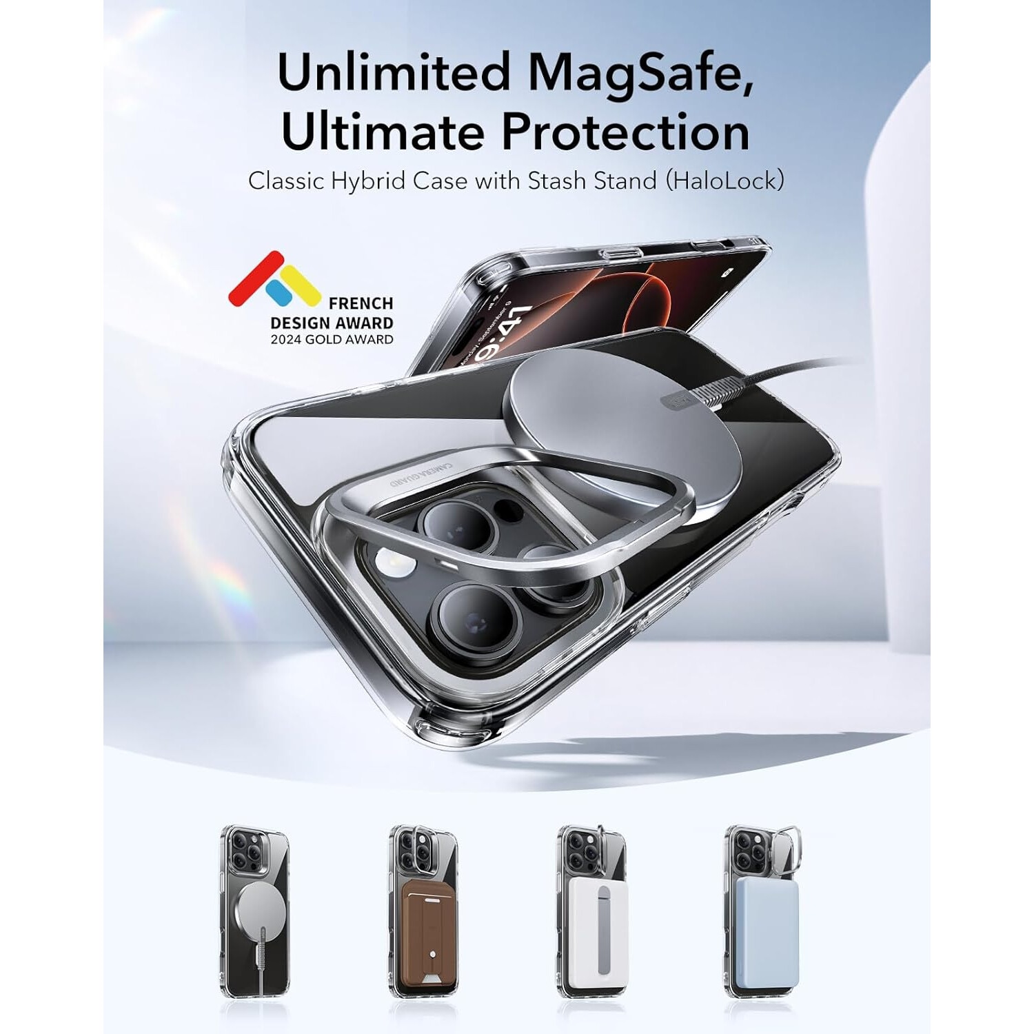 Husa pentru Iphone 16 Pro Max, MingZhi®, Cu suport metalic compatibila Magsafe, Accelereaza incarcarea rapida fara fir, Anticadere, Transparenta