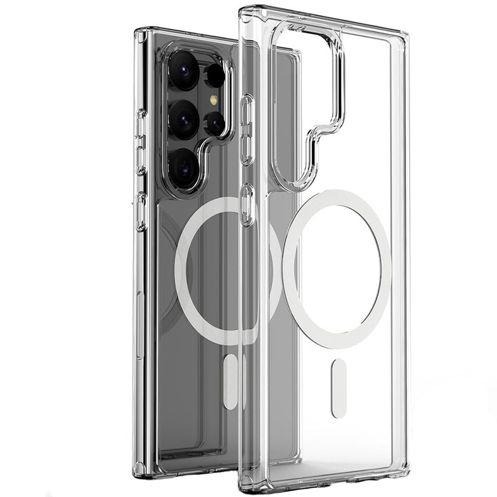 Калъф MagSafe, съвместим със Samsung Galaxy S25 Ultra, Лесно закопчаване, Защита на камерата, Повдигнати ръбове, Магнитно прикрепване, Броня, съвместима с безжично зареждане MagSafe, Прозрачен