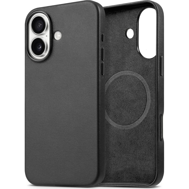 Защитен кожен калъф за iPhone 16 Plus Leather Case съвместим с MagSafe, вътрешност от микрофибър, черен, RiKbo