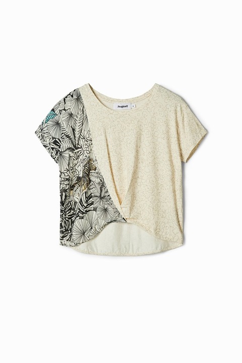 Tricou Desigual Poppy asimetric, Negru/Ecru, XL