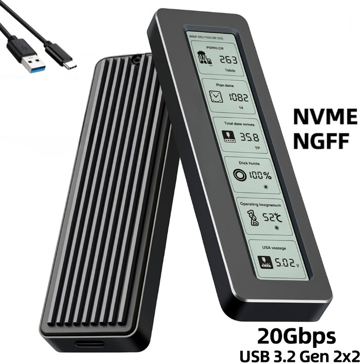 Carcasa Rack Externa SSD pentru M.2 NVMe/NGFF, Viteza 20Gbps, Conector USB-C, Interfata USB 3.2 Gen 2x2, Capacitate maxima 2TB, Material Aluminiu, Ecran LCD, Suport dual protocol pentru SSD-uri M.2 PCIe si SATA NGFF, Plug & Play, Negru