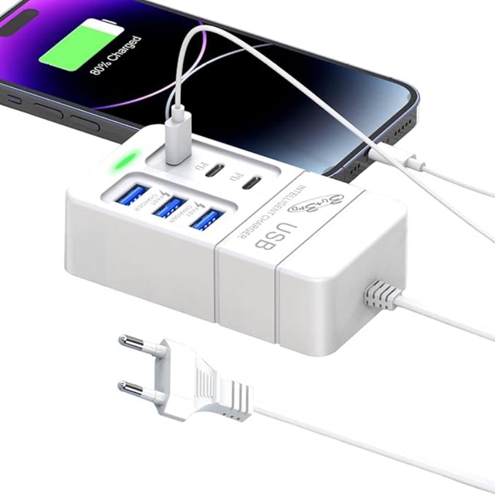 Hálózati töltő, 3 USB porttal + 3 PD, OEMG®, 35 W gyorstöltés, 100 cm-es kábellel, fehér