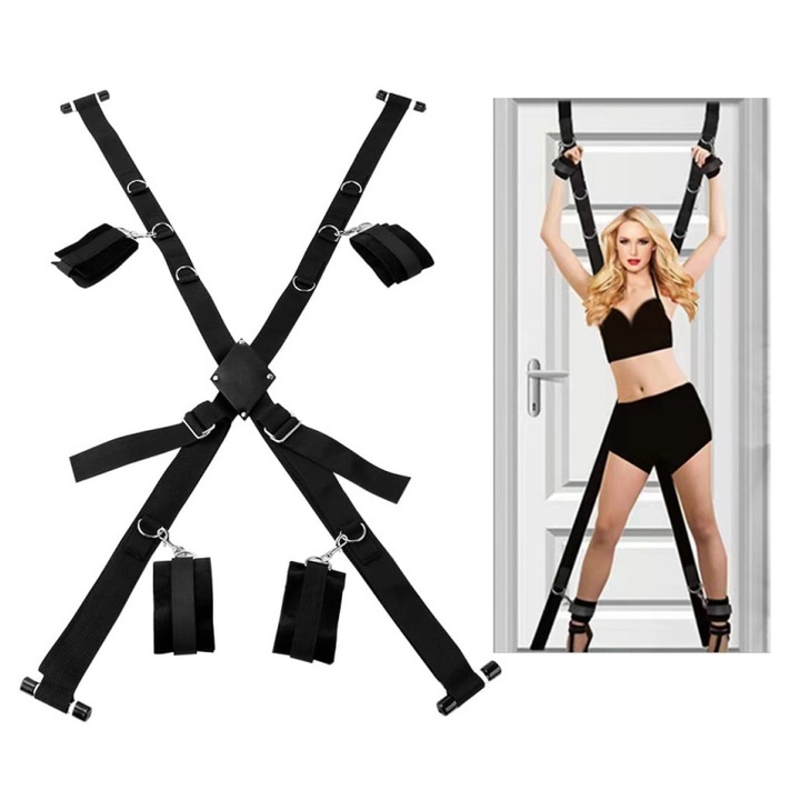 Бондидж комплект аксесоари, С маншети за ръце и глезени, За завъезане за врата, Черен