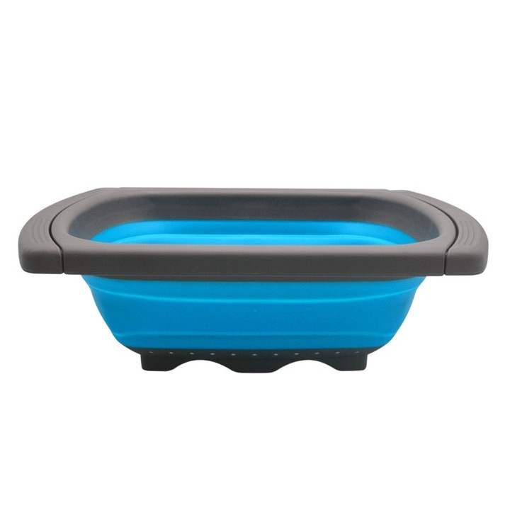 Cos de Scurgere Retractabil pentru Chiuveta, Flippy, cu Filtru, pentru Fructe si Legume, de Uz Casnic, 39x12 cm, Design Extensibil pana la 61 cm, cu Manere de Prindere, Albastru
