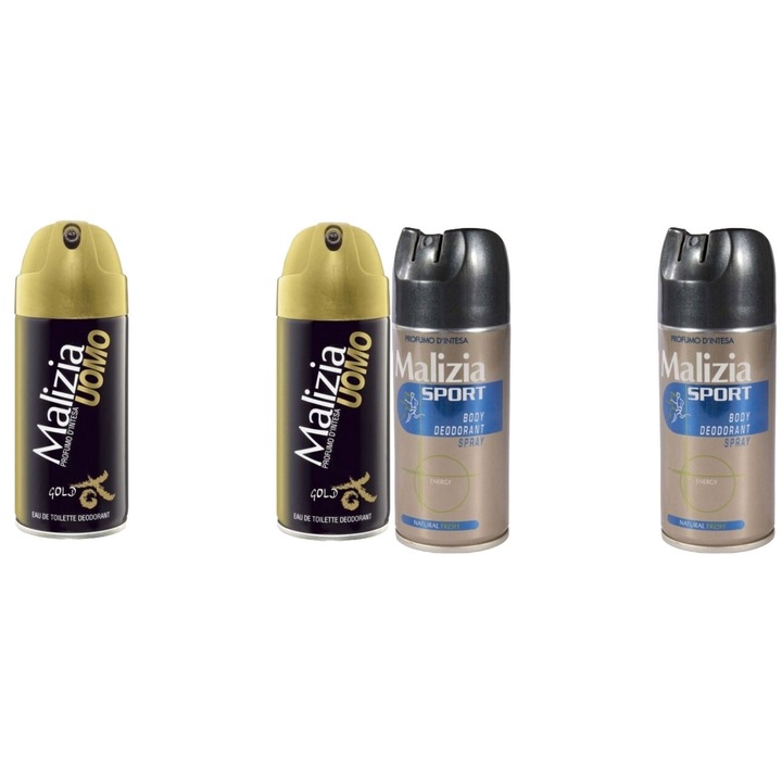 Set 4 x Malizia Variety, 2 x Deodorant 150ml Men Gold, 2 x Deodorant 150ml Men Sport Fresh, All Day Fresh, Parfum Placut, Previne Iritatiile, Intense Fresh Fragrance, Anti-urme albe, revirgorant, prospetime de durata, protectie 48h
