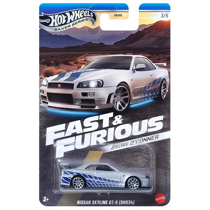 Метална кола Hot Wheels, Nissan Skyline GT-R (BNR34), Brian O'Conner Бързи и яростни, JBY31, Silver Series 2024, сребрист, 7 см