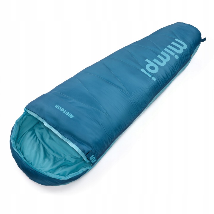 Sac De Dormit Copii, Meteor, 160 cm, Albastru, Tip Mumie MIMPI, Izolatie Termica Optima, Material Moale Micro Poliester, Husa Compresie Inclusa, Fermoar Dublu Cu Protectie, Compact Si Usor, Confortabil Pentru Camping Si Excursii