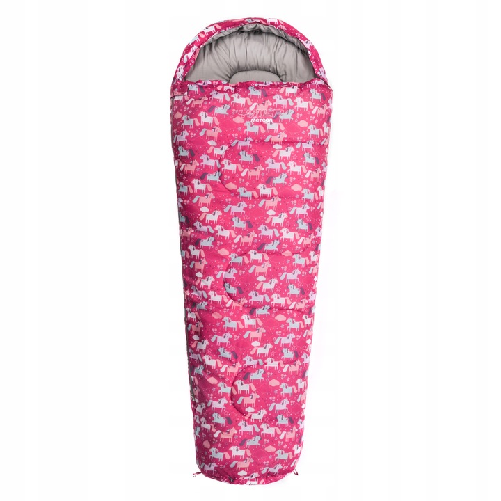 Sac de Dormit, Meteor, Ymer, termic, usor, polietilena, 130+25 x 60/40 cm, multicolor, pentru copii cu imprimeu Unicorn, geanta de transport, fermoar dublu sens, material moale, roz