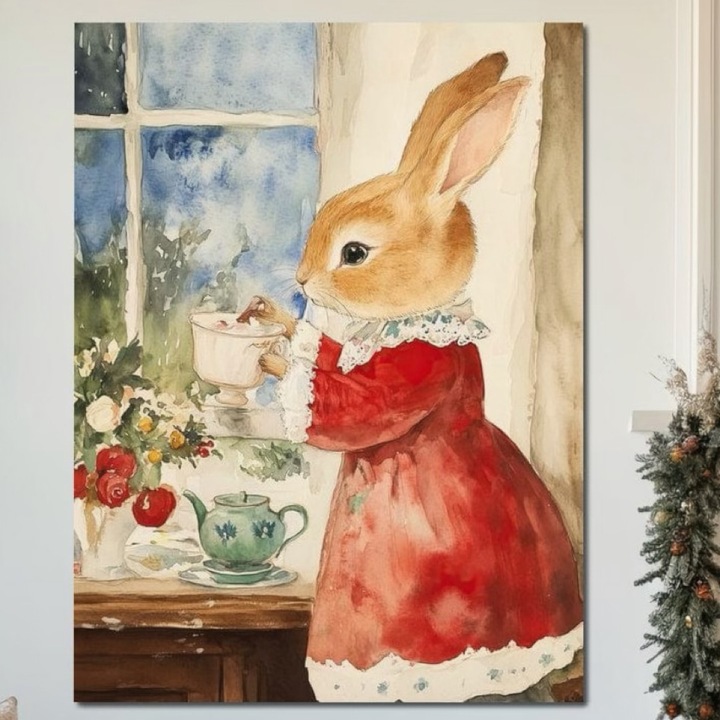 Премиум картина върху платно, LuxCanva® D1047, Червеният заек и ароматът на чай, 100 X 135 см, 100% памучно платно 400 г/м2, дървена рамка, заек, чай, прозорец, носталгия, елегантна, хол, ярки цветове