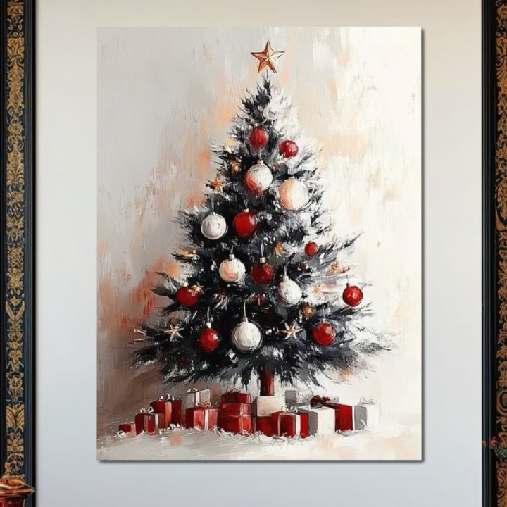 Премиум картина върху платно, LuxCanva® D1046, Коледна елха и подаръци под звездна светлина, 100 X 135 CM, 100% памучно платно 400g/m2, дървена рамка, Коледа, Звезда, Коледна елха, Подаръци, Празничен, Хол, Ярки цветове