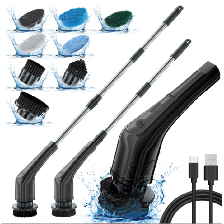 Többfunkciós elektromos tisztítókefe, 7 különböző fej, vezeték nélküli, 2500 mAh-s akkumulátor, 2 sebességbeállítás, egyszerű tisztítás, extra rögzíthető fogantyú, 137 cm-ig kihúzható, fekete