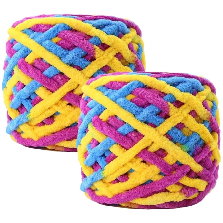 2db-os bársonyos plüssfonal készlet, Super Bulky Fonal, Hggzeg, Drótátmérő 6 mm, Hossz 40 m, 90-100g, Alkalmas sálak, sapkák és székpárnák kötésére, Akril/poliészter, Többszínű