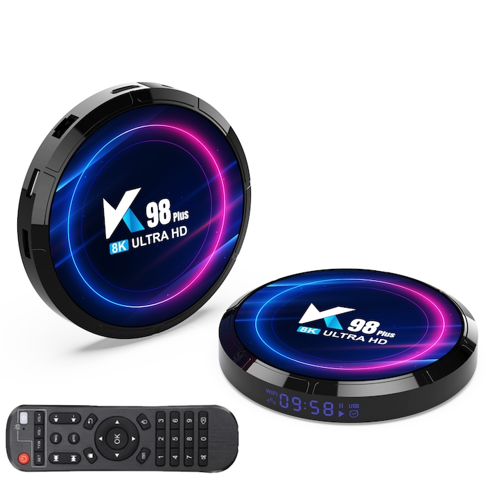 Médialejátszó K98 PLU SGOSTOCK, 2,4/5 GHz-es kettős Wi-Fi 6, Android 13.0, 8K felbontás, 4 Gb Ram, 32 Gb memória, BT5.0, RK3528 Quad Core ARM Cortex-A53 Távirányítóval, lila/kék