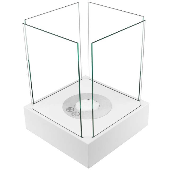 Semineu bioetanol, de masa, decorativ, semineu Sunset Garden mini, cu sticla securizata, Freestanding, cu Bioetanol, Portabil, 26 cm x 33 cm x 26 cm, Otel, ALB - maner pentru stingerea flacarii