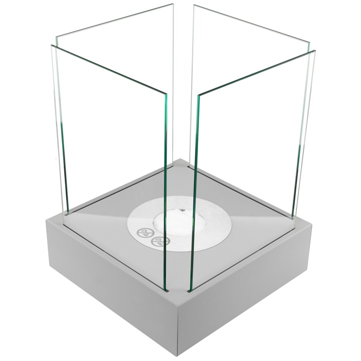 Semineu bioetanol, de masa, decorativ, semineu Sunset Garden mini, cu sticla securizata, Freestanding, cu Bioetanol, Portabil, 26 cm x 33 cm x 26 cm, Otel, GRI - maner pentru stingerea flacarii