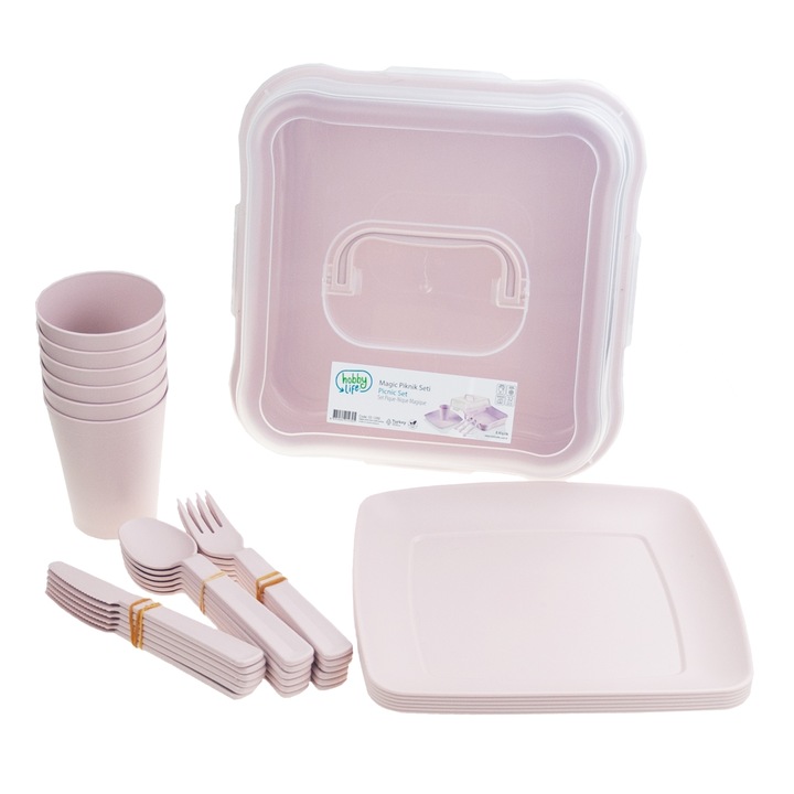 Set picnic 32 elemente pentru 6 persoane, plastic, BPA free, 28x28x13cm