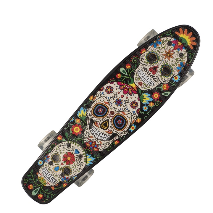 LANDSURFER Penny Board Gördeszka Santa Muerte, narancssárga kerékkel, 22 ", ABEC-7, PU, alumínium, max. 90 KG