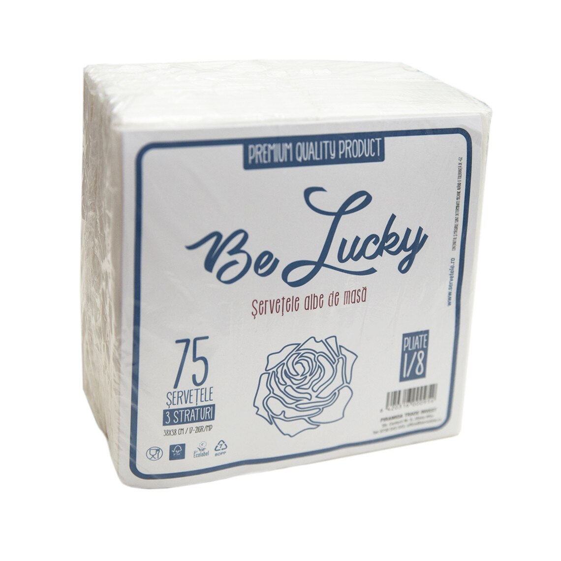 Servetele albe de masa, 38 cm - 3 straturi, pliate 1/8, 75 buc/pac, Gama Be Lucky.